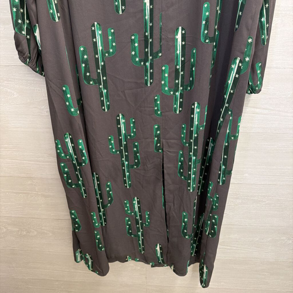 Izzy and Lola Grey/ Green Cactus Print Open Front Duster Kimono Top Medium