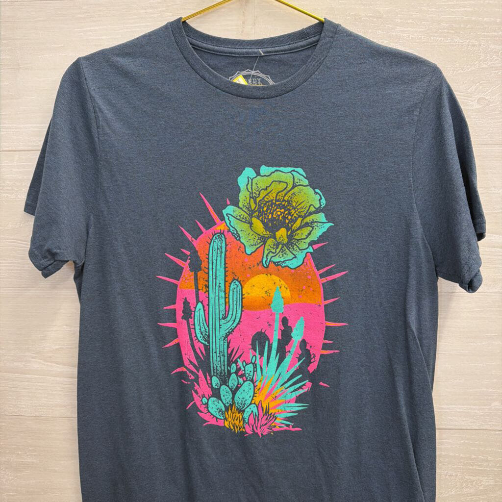 Rowdy Crowd Blue/ Multi Cactus Print Short Sleeve Top Medium
