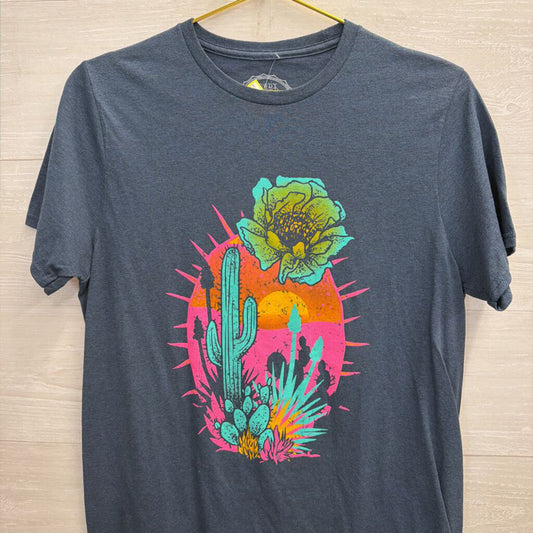 Rowdy Crowd Blue/ Multi Cactus Print Short Sleeve Top Medium