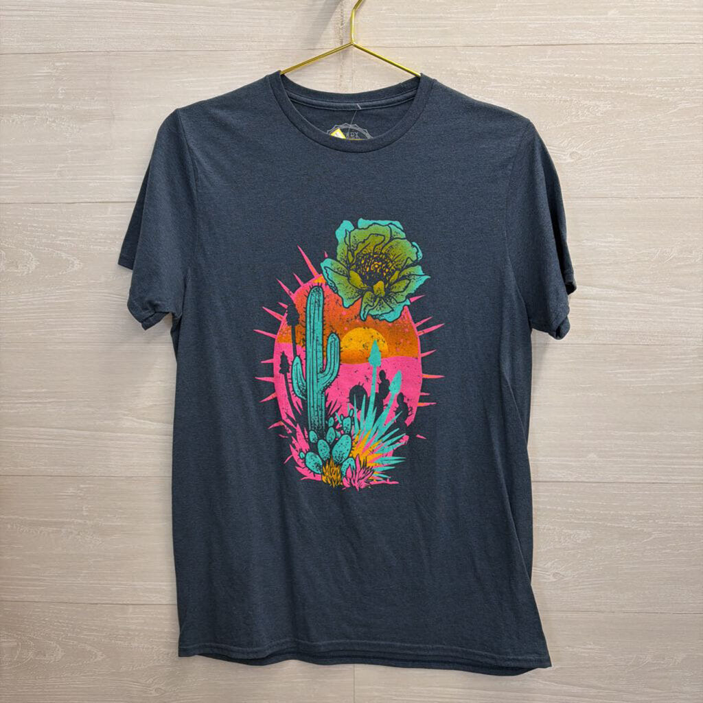 Rowdy Crowd Blue/ Multi Cactus Print Short Sleeve Top Medium