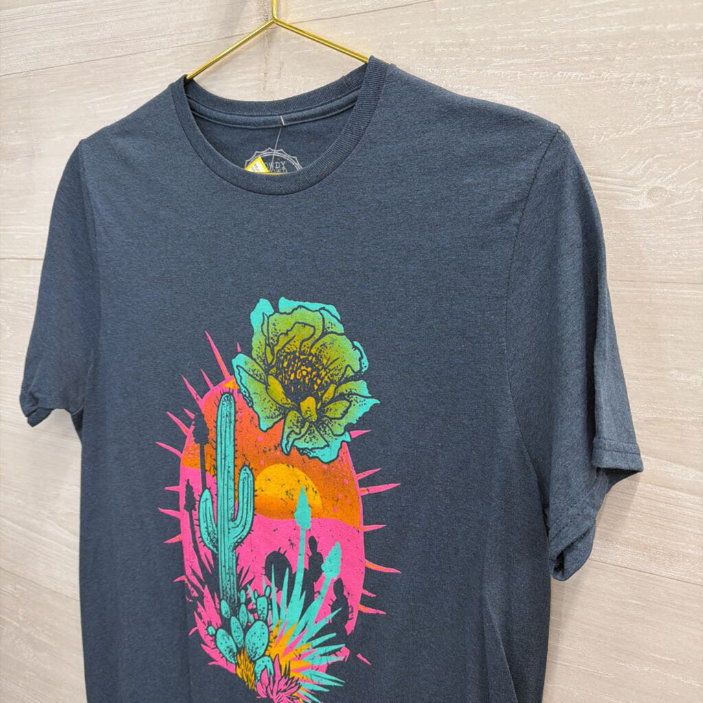 Rowdy Crowd Blue/ Multi Cactus Print Short Sleeve Top Medium