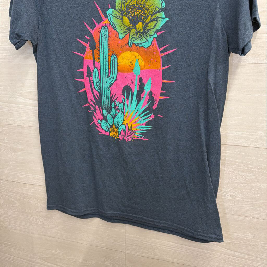 Rowdy Crowd Blue/ Multi Cactus Print Short Sleeve Top Medium