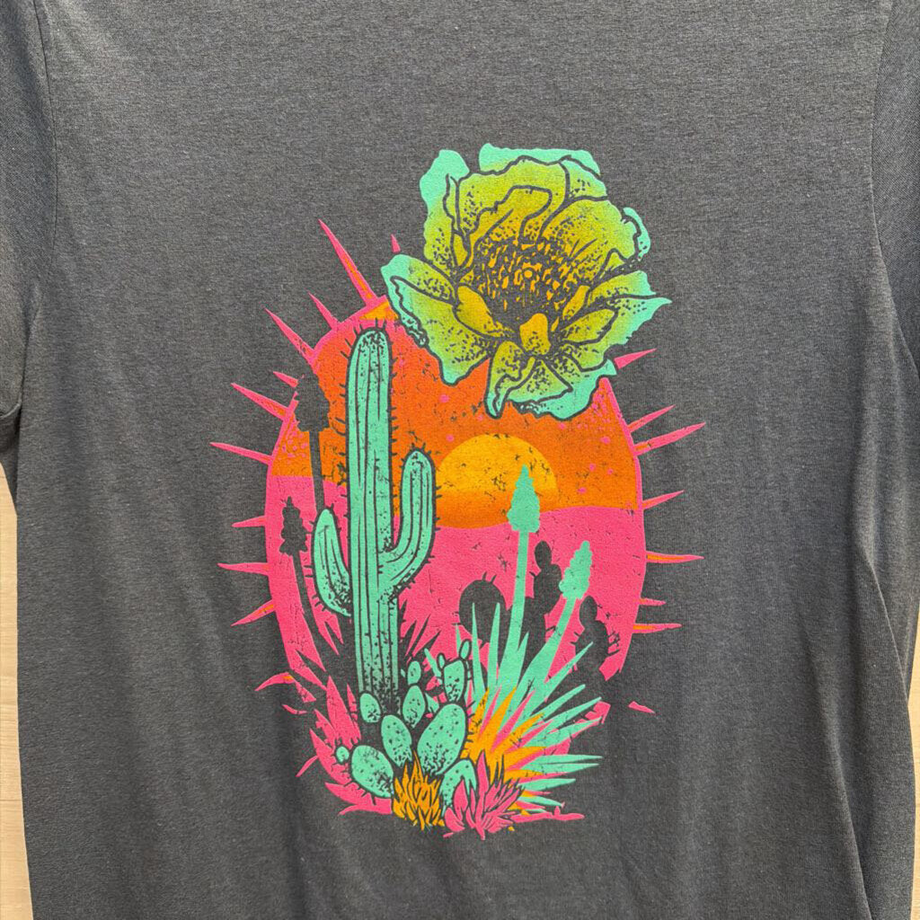 Rowdy Crowd Blue/ Multi Cactus Print Short Sleeve Top Medium