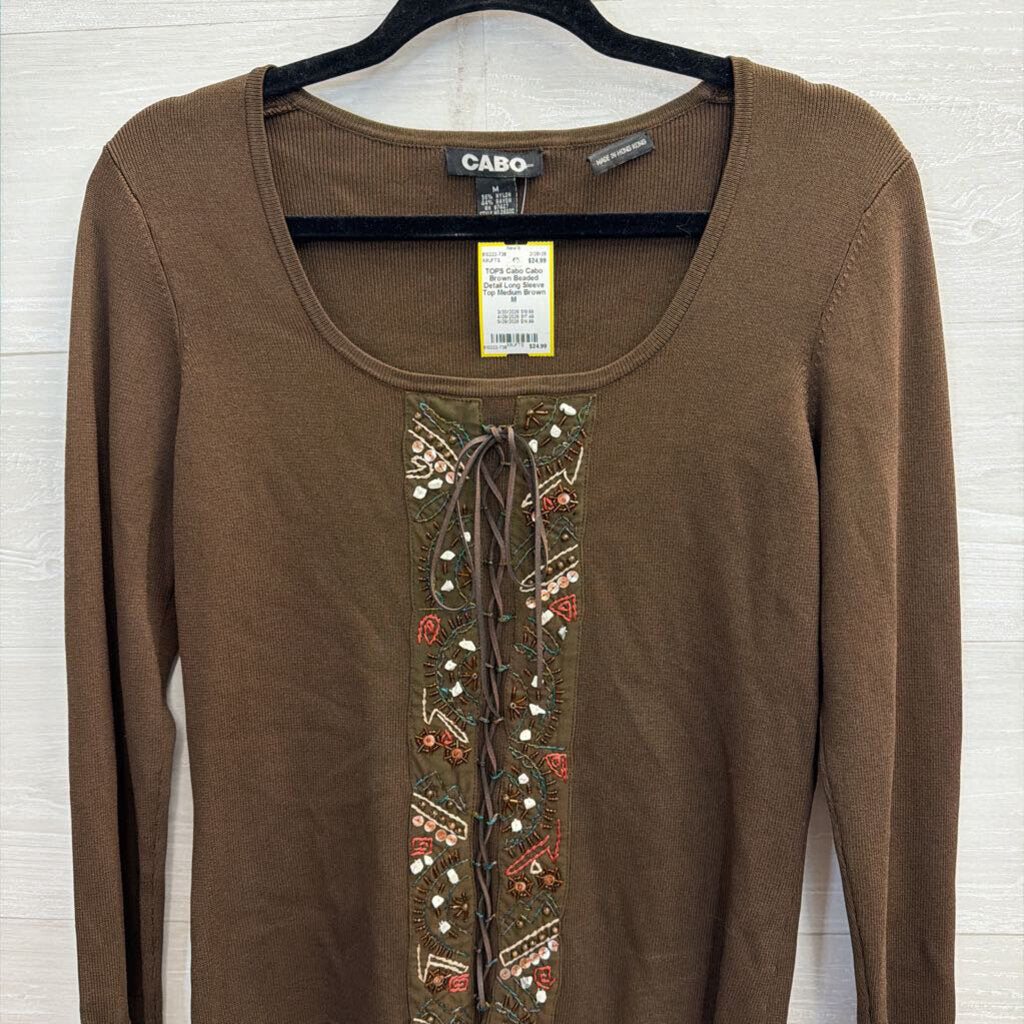 Cabo Brown Beaded Detail Long Sleeve Top Medium