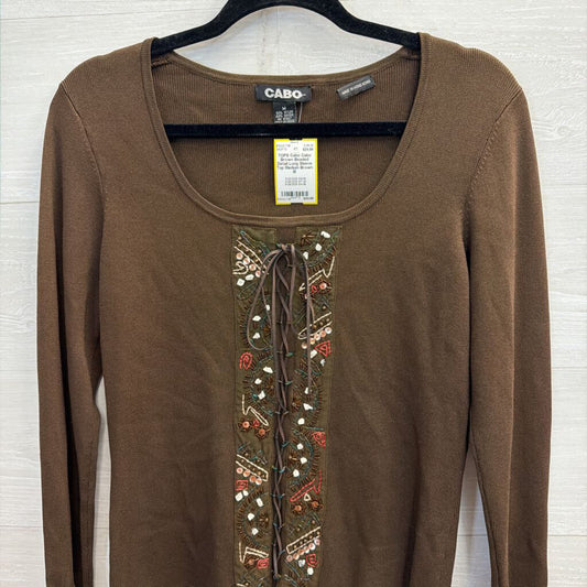 Cabo Brown Beaded Detail Long Sleeve Top Medium