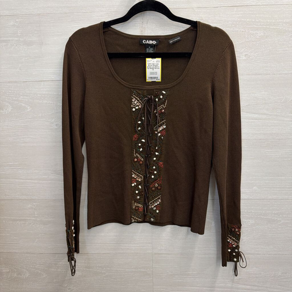 Cabo Brown Beaded Detail Long Sleeve Top Medium