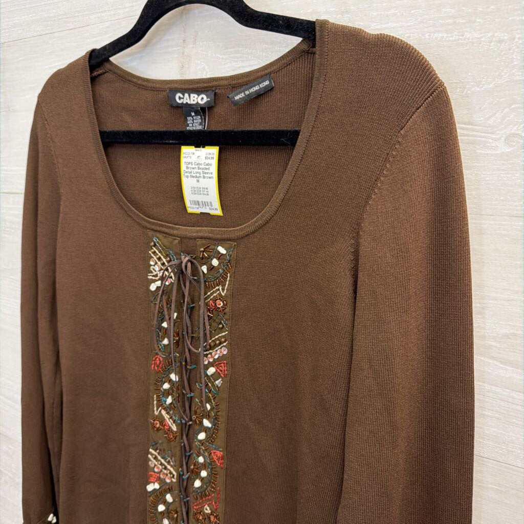 Cabo Brown Beaded Detail Long Sleeve Top Medium