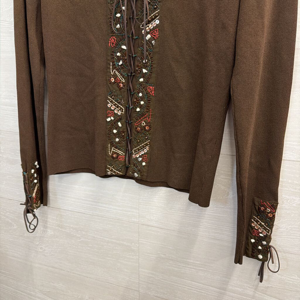 Cabo Brown Beaded Detail Long Sleeve Top Medium