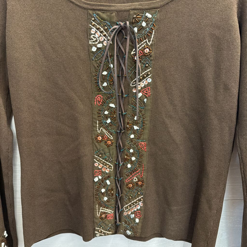 Cabo Brown Beaded Detail Long Sleeve Top Medium