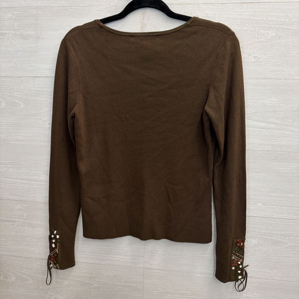 Cabo Brown Beaded Detail Long Sleeve Top Medium