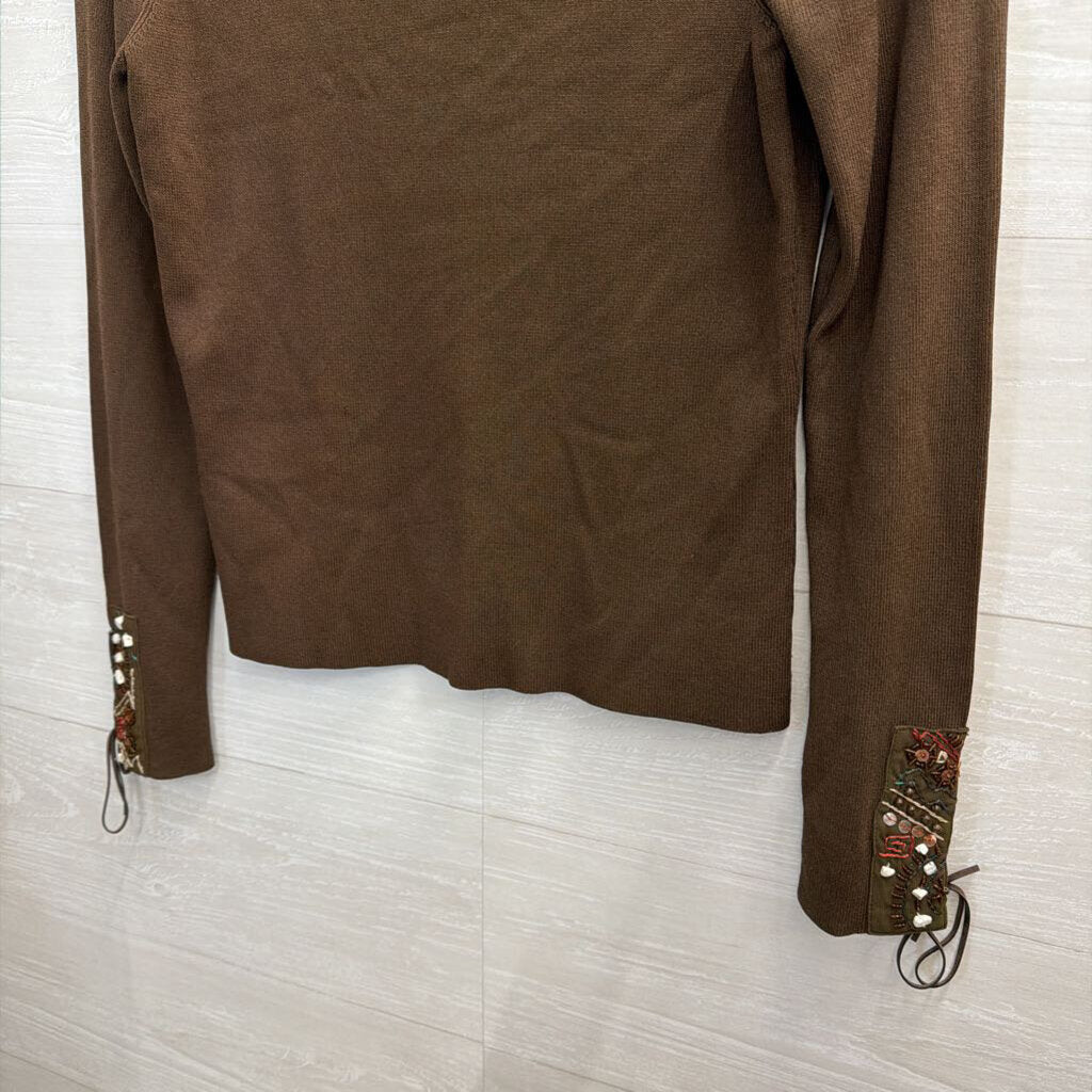 Cabo Brown Beaded Detail Long Sleeve Top Medium