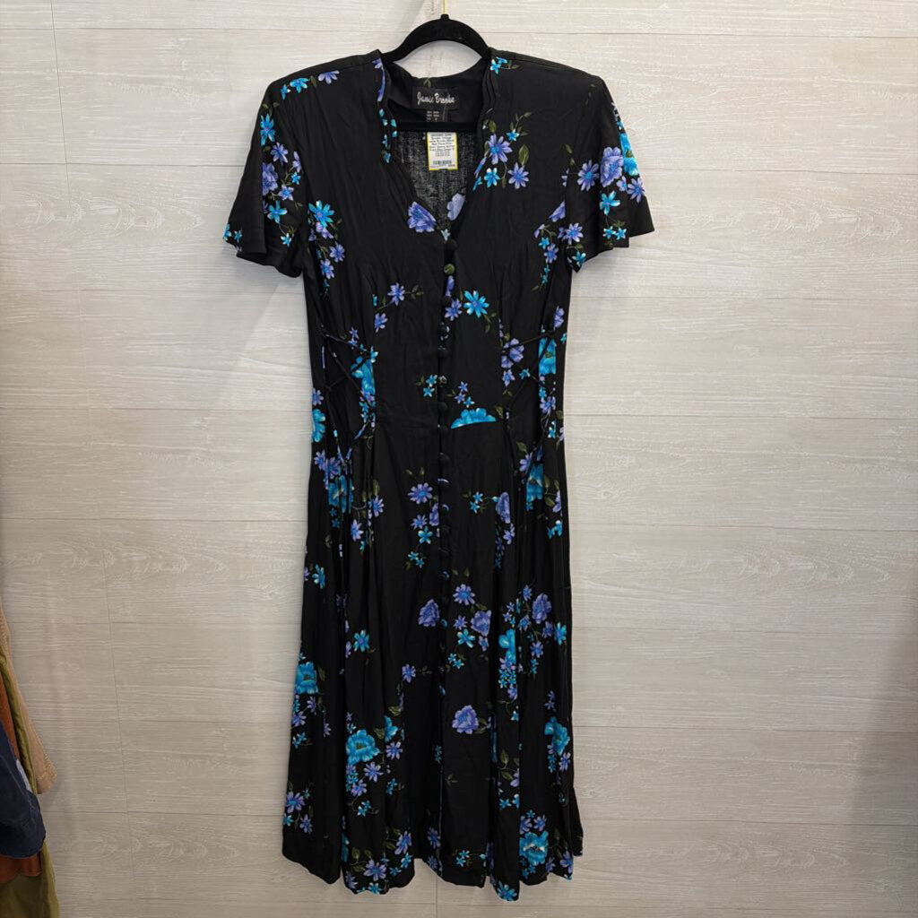 Vintage Jamie Brooke Black/ Multi Floral Print Short Sleeve Button Front Maxi Dress 12