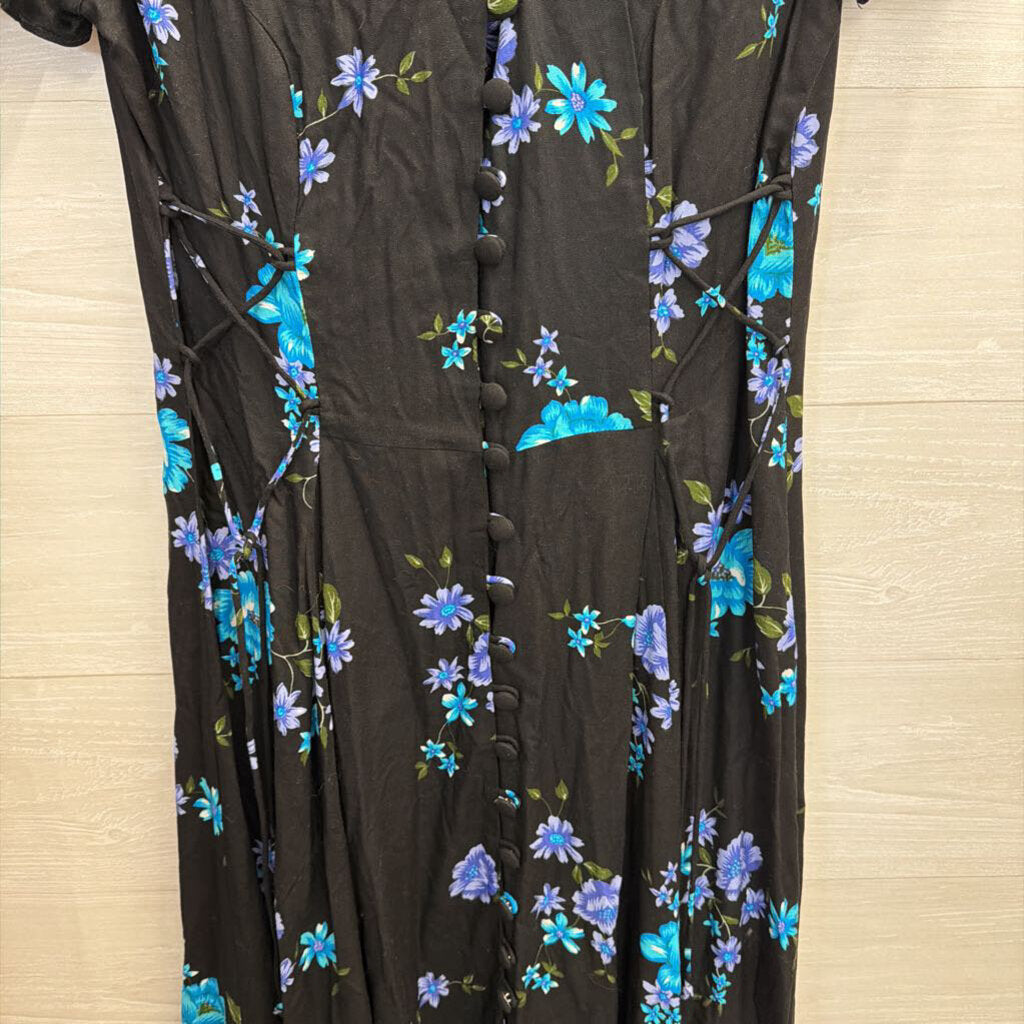 Vintage Jamie Brooke Black/ Multi Floral Print Short Sleeve Button Front Maxi Dress 12
