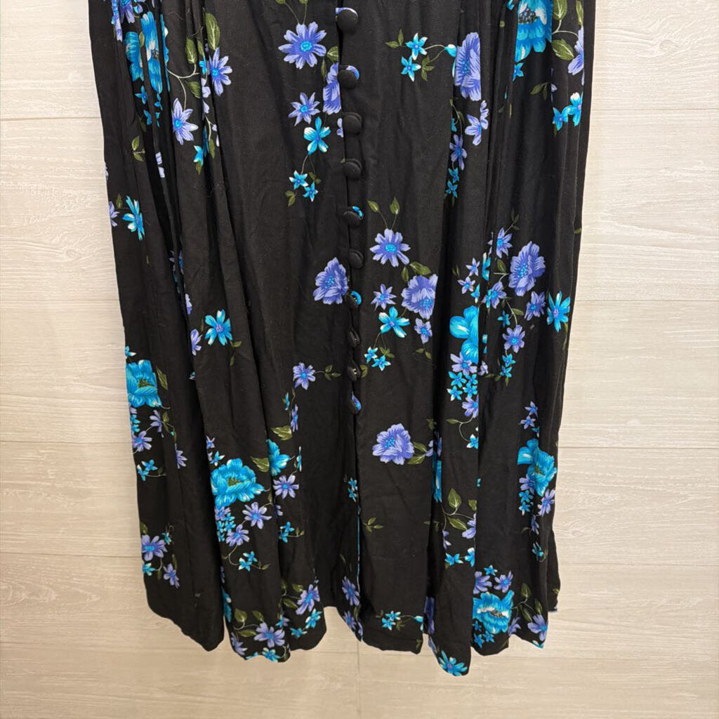 Vintage Jamie Brooke Black/ Multi Floral Print Short Sleeve Button Front Maxi Dress 12