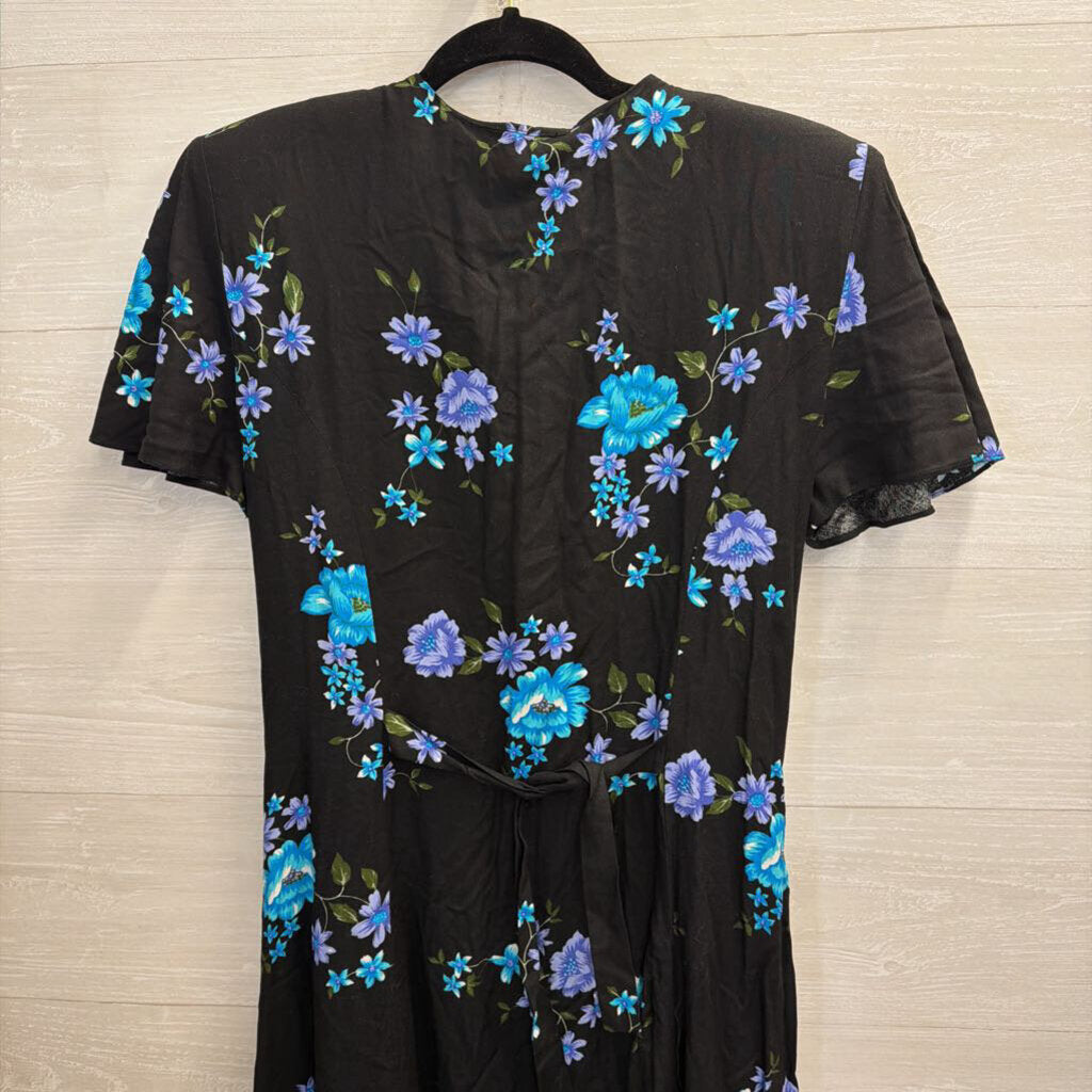 Vintage Jamie Brooke Black/ Multi Floral Print Short Sleeve Button Front Maxi Dress 12