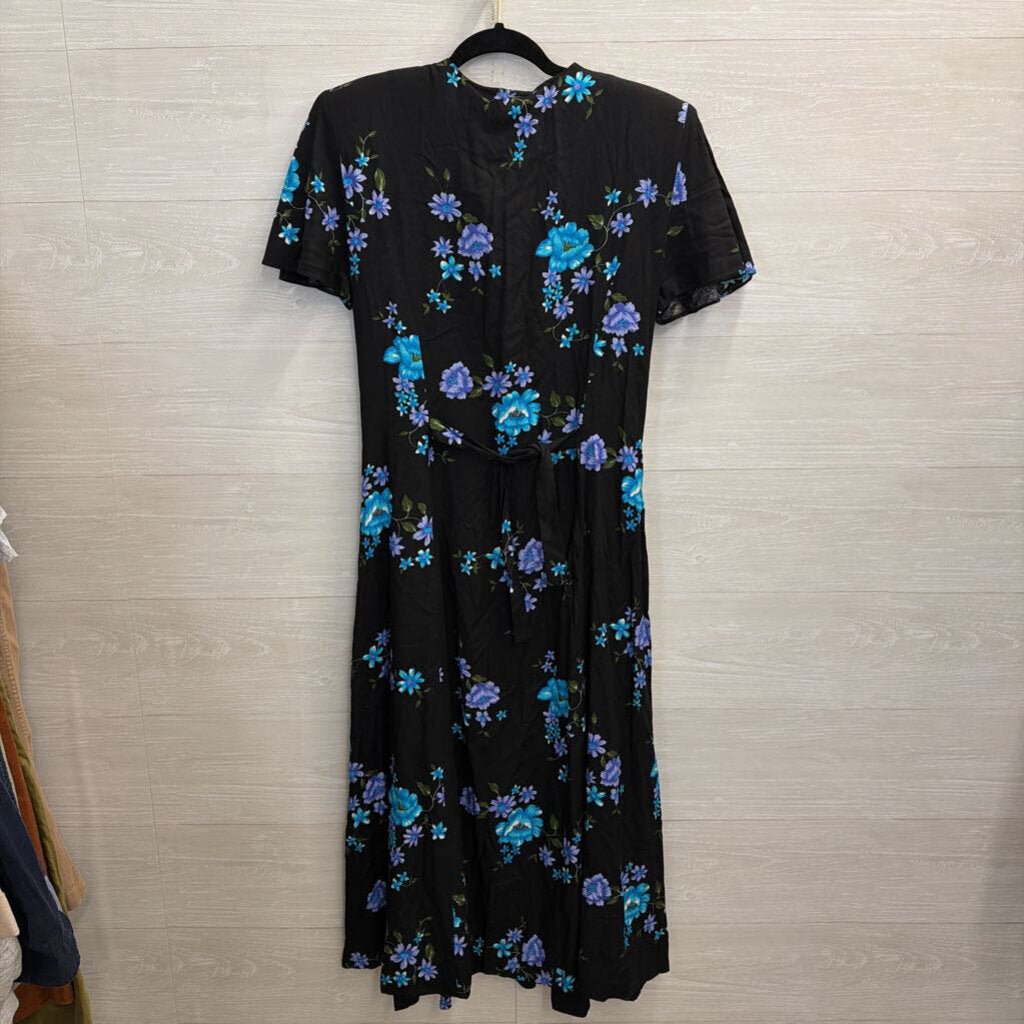 Vintage Jamie Brooke Black/ Multi Floral Print Short Sleeve Button Front Maxi Dress 12