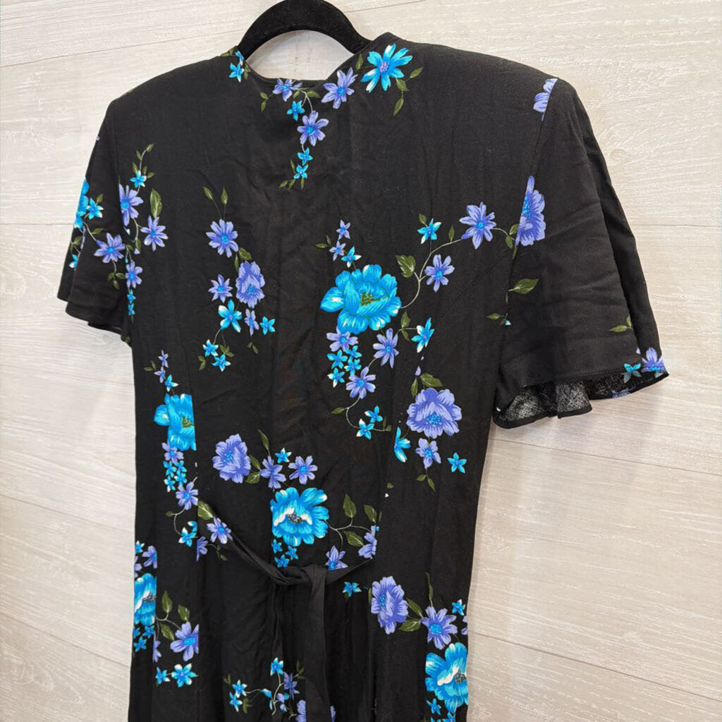 Vintage Jamie Brooke Black/ Multi Floral Print Short Sleeve Button Front Maxi Dress 12