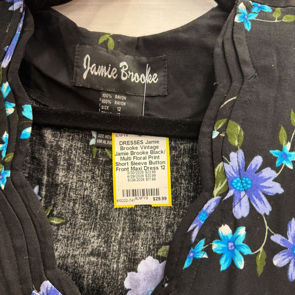 Vintage Jamie Brooke Black/ Multi Floral Print Short Sleeve Button Front Maxi Dress 12