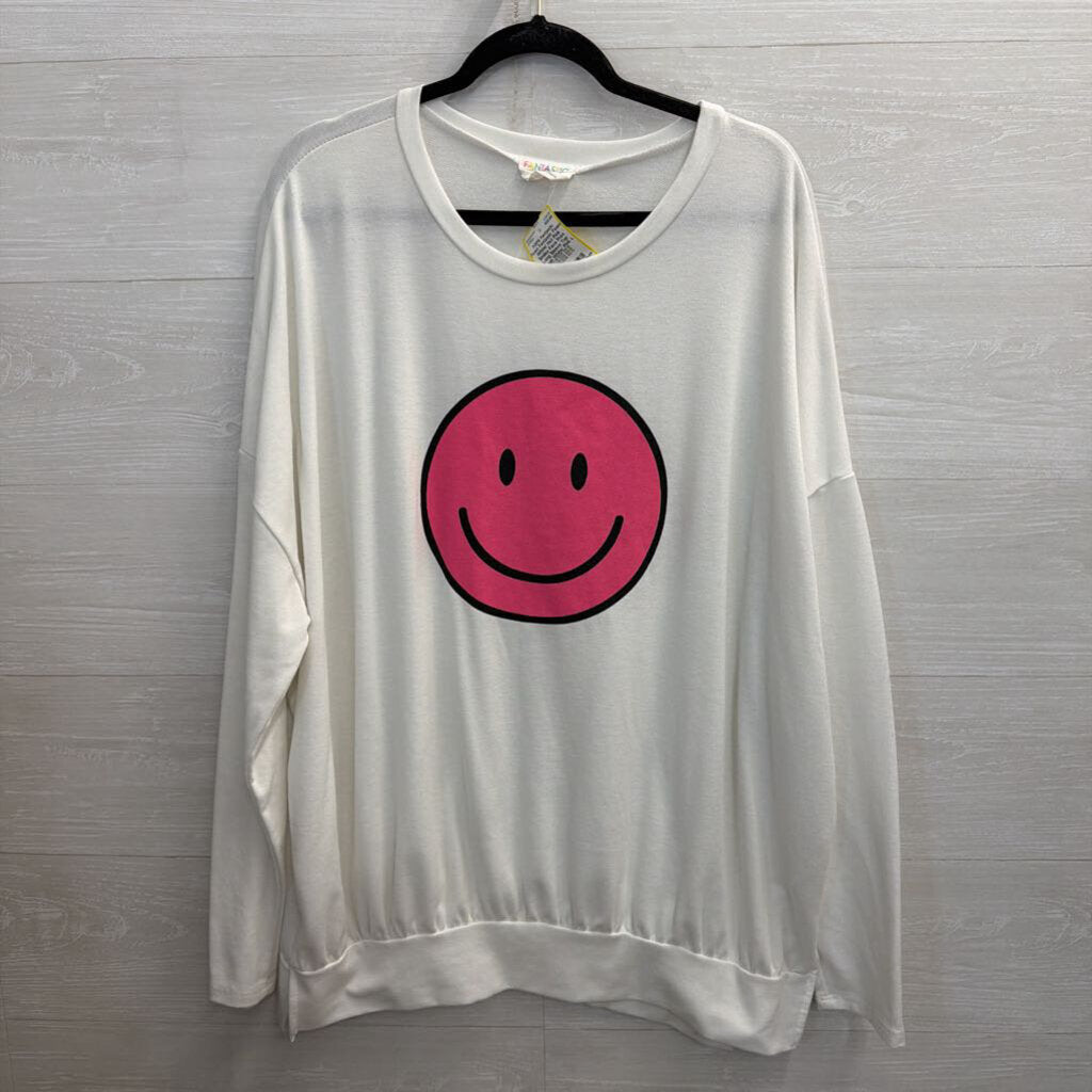 Fantastic Fawn White/ Hot Pink Smiley Face Print Long Sleeve Top Large