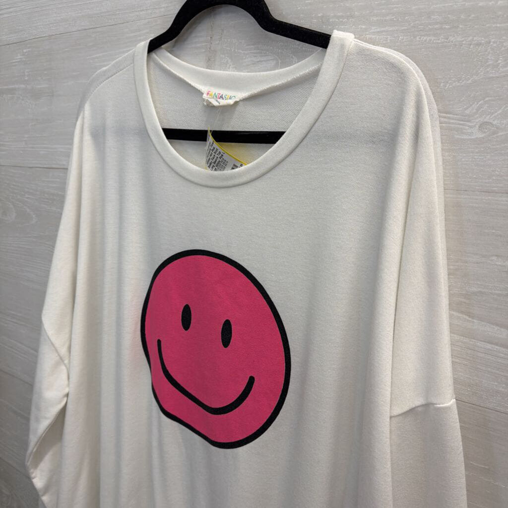 Fantastic Fawn White/ Hot Pink Smiley Face Print Long Sleeve Top Large