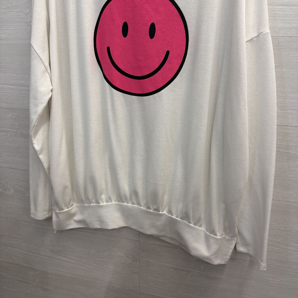 Fantastic Fawn White/ Hot Pink Smiley Face Print Long Sleeve Top Large