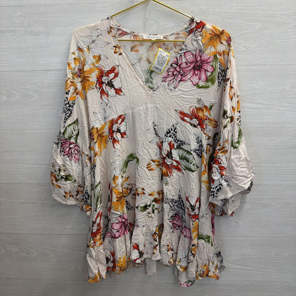 Label of Love White/ Multi Floral Print Long Sleeve Tunic Top Small