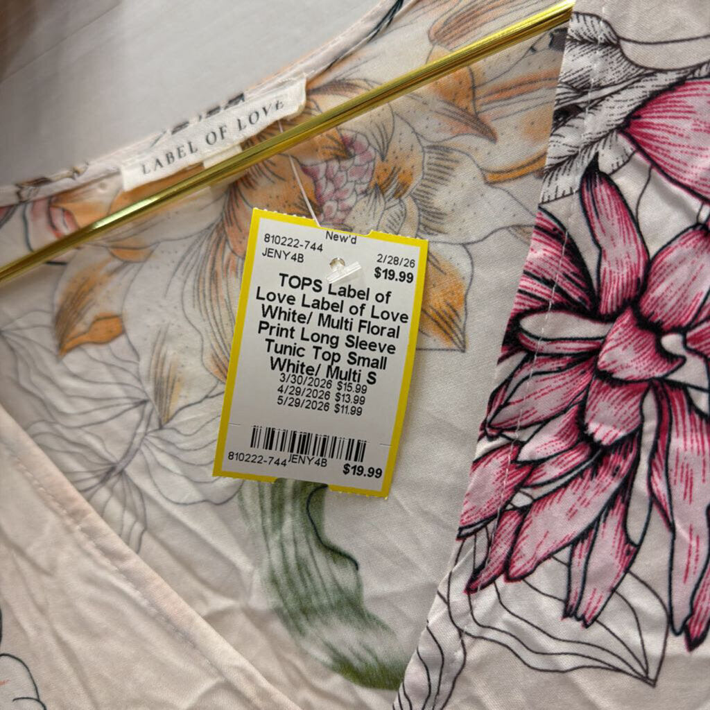 Label of Love White/ Multi Floral Print Long Sleeve Tunic Top Small