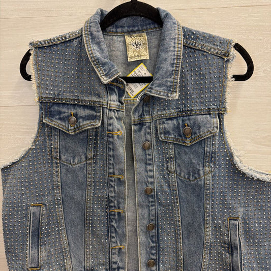Vocal Light Wash Rhinestone Studded Denim Vest Top Large