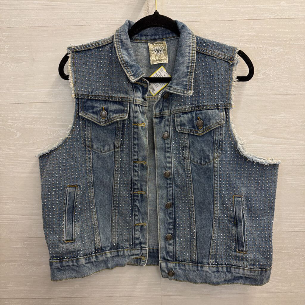 Vocal Light Wash Rhinestone Studded Denim Vest Top Large