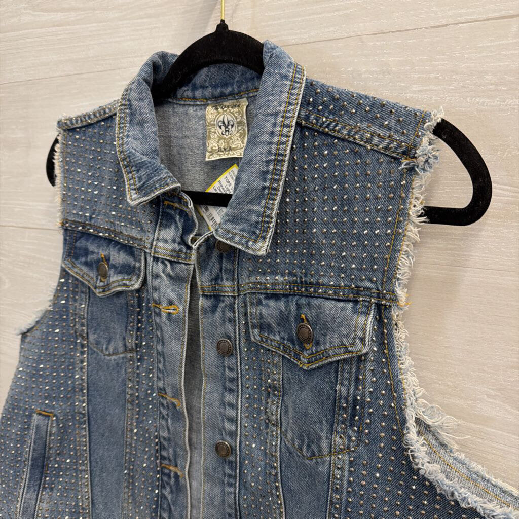Vocal Light Wash Rhinestone Studded Denim Vest Top Large