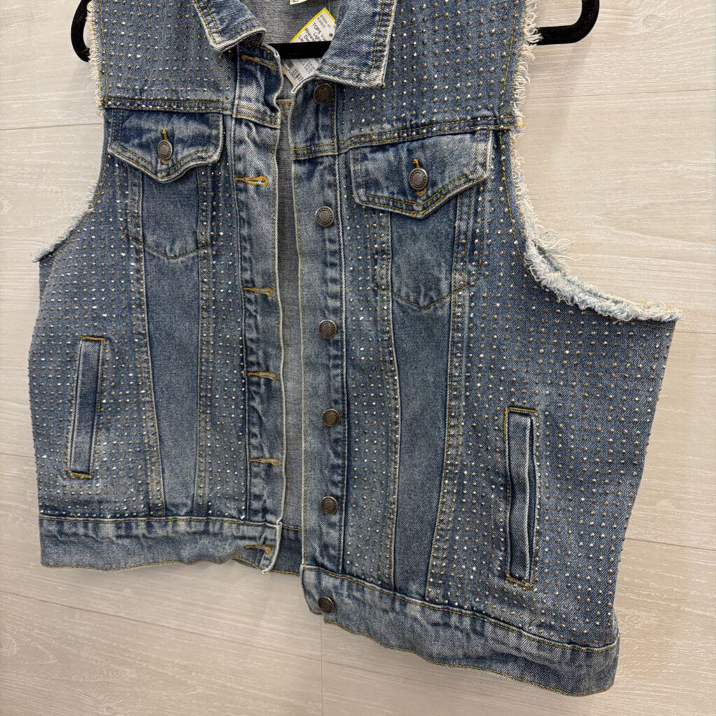 Vocal Light Wash Rhinestone Studded Denim Vest Top Large