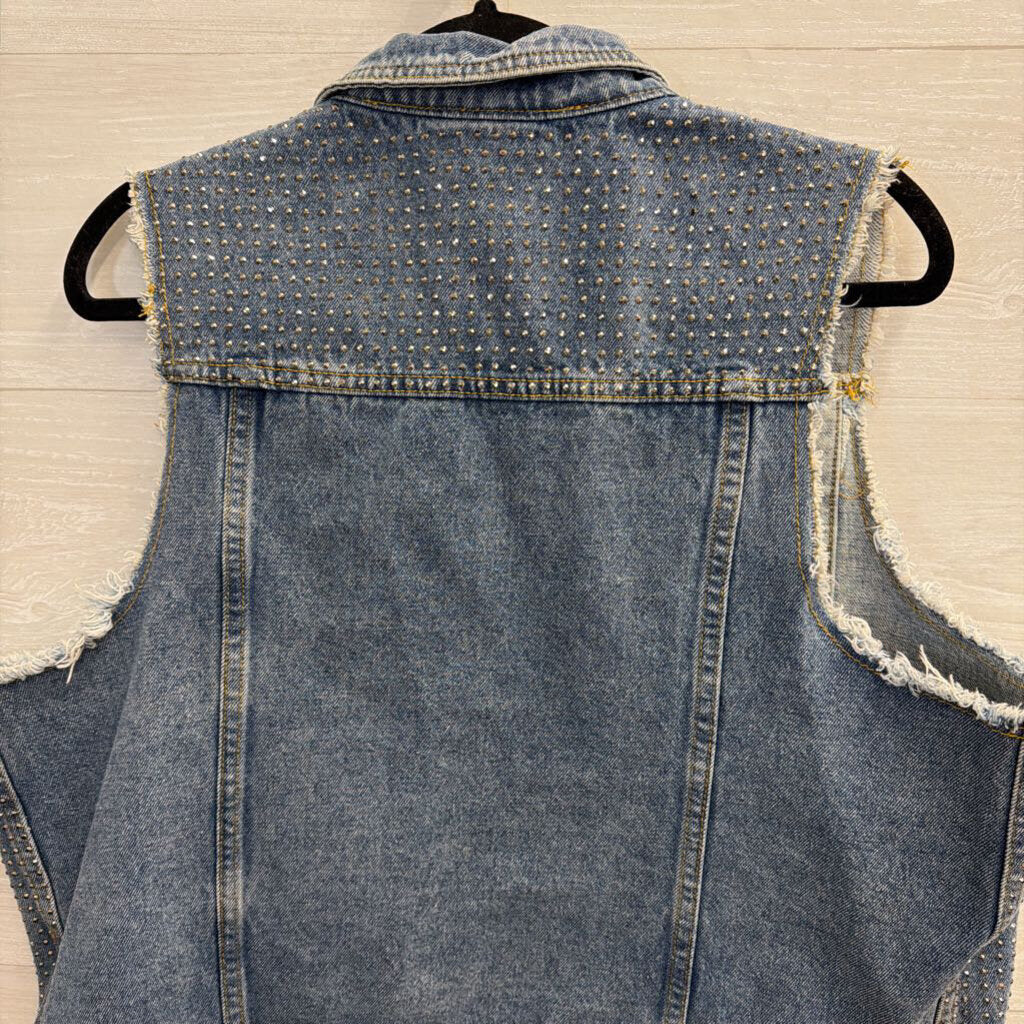 Vocal Light Wash Rhinestone Studded Denim Vest Top Large