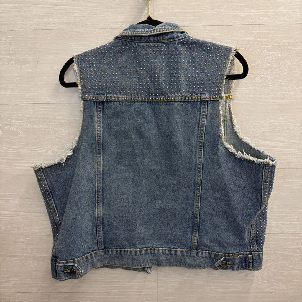 Vocal Light Wash Rhinestone Studded Denim Vest Top Large