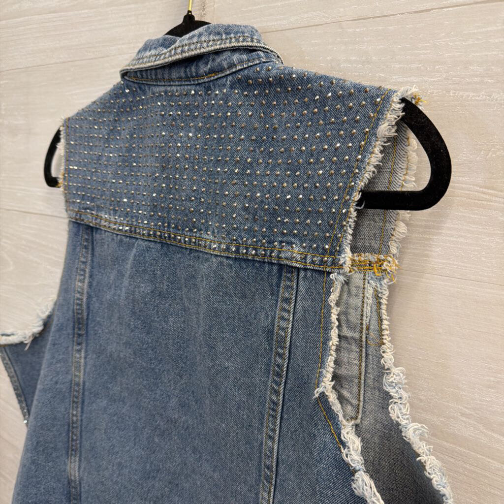 Vocal Light Wash Rhinestone Studded Denim Vest Top Large
