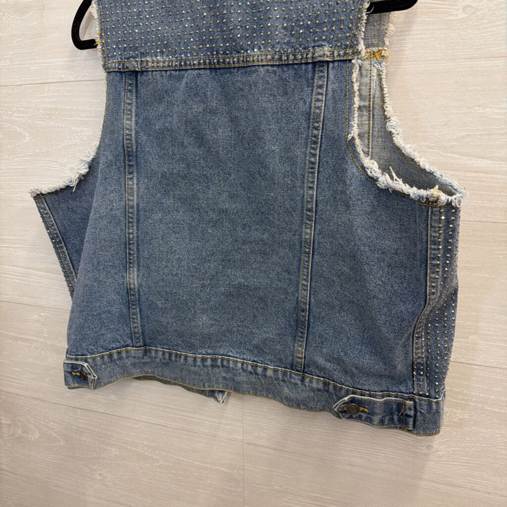 Vocal Light Wash Rhinestone Studded Denim Vest Top Large