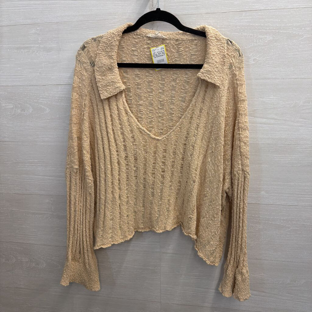 Oli and Hali Beige Open Knit Slouchy V Neck Top Small