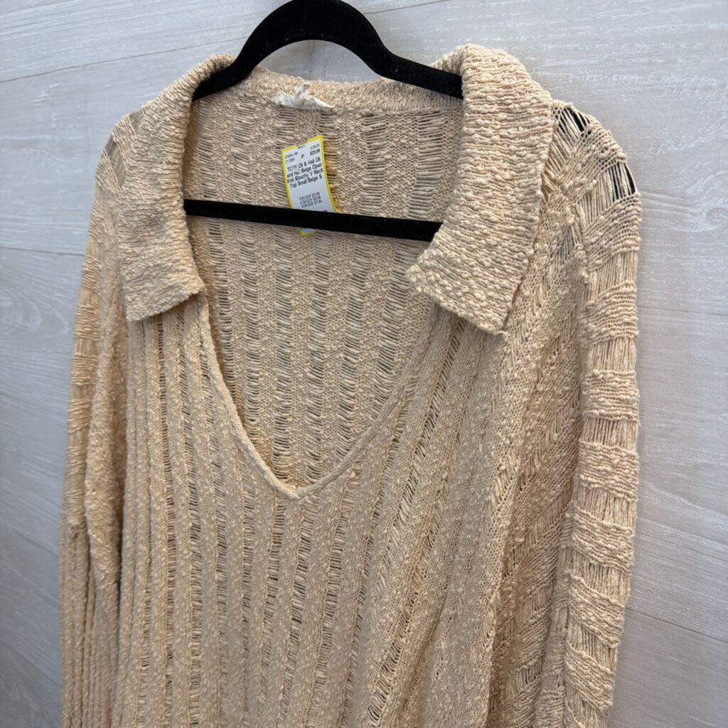 Oli and Hali Beige Open Knit Slouchy V Neck Top Small