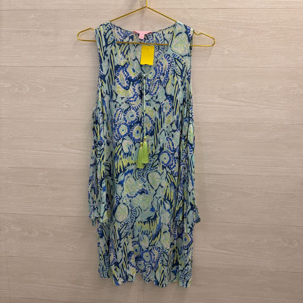 Lilly Pulitzer Blue/ Multi Print Cold Shoulder Long Sleeve Dress Small