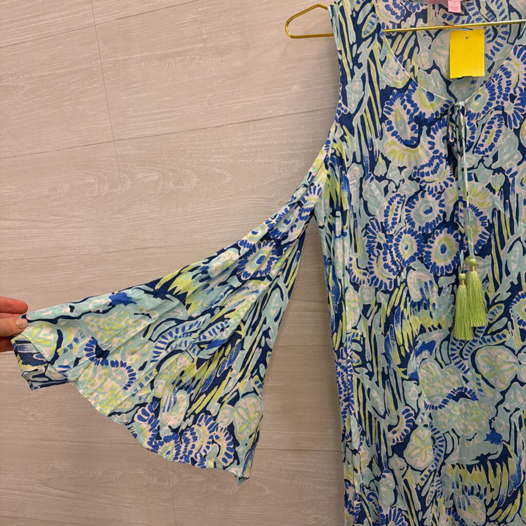 Lilly Pulitzer Blue/ Multi Print Cold Shoulder Long Sleeve Dress Small