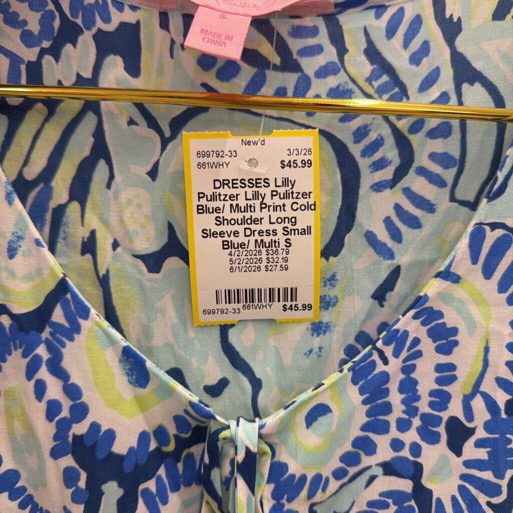 Lilly Pulitzer Blue/ Multi Print Cold Shoulder Long Sleeve Dress Small