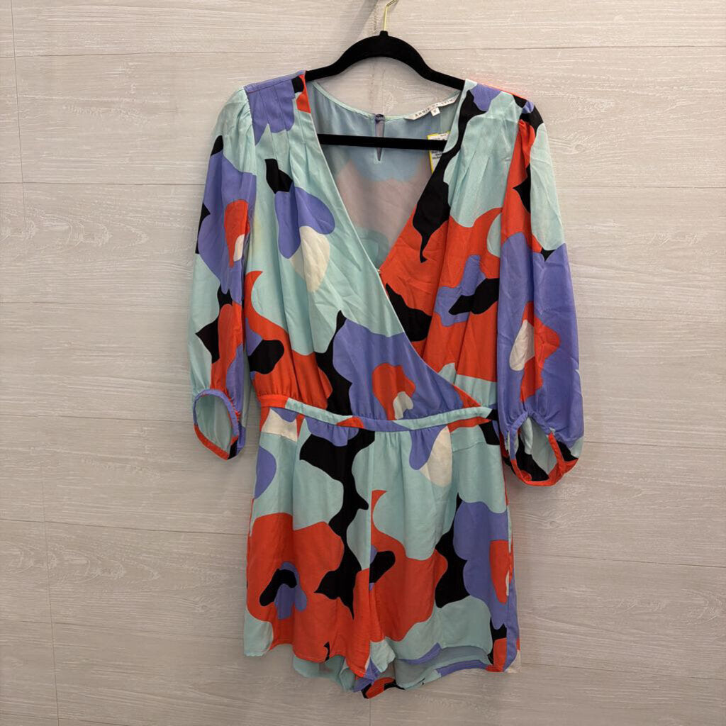 Annie Griffin Blue/ Multi Print Long Sleeve Romper Medium