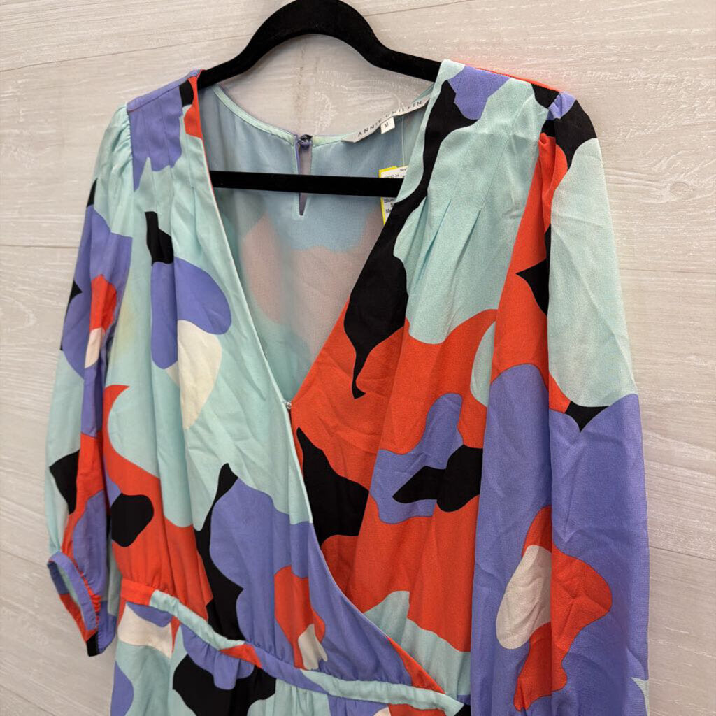 Annie Griffin Blue/ Multi Print Long Sleeve Romper Medium