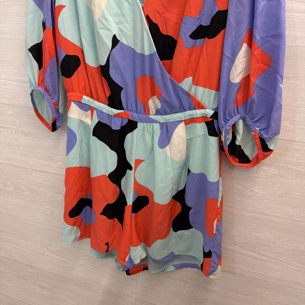 Annie Griffin Blue/ Multi Print Long Sleeve Romper Medium