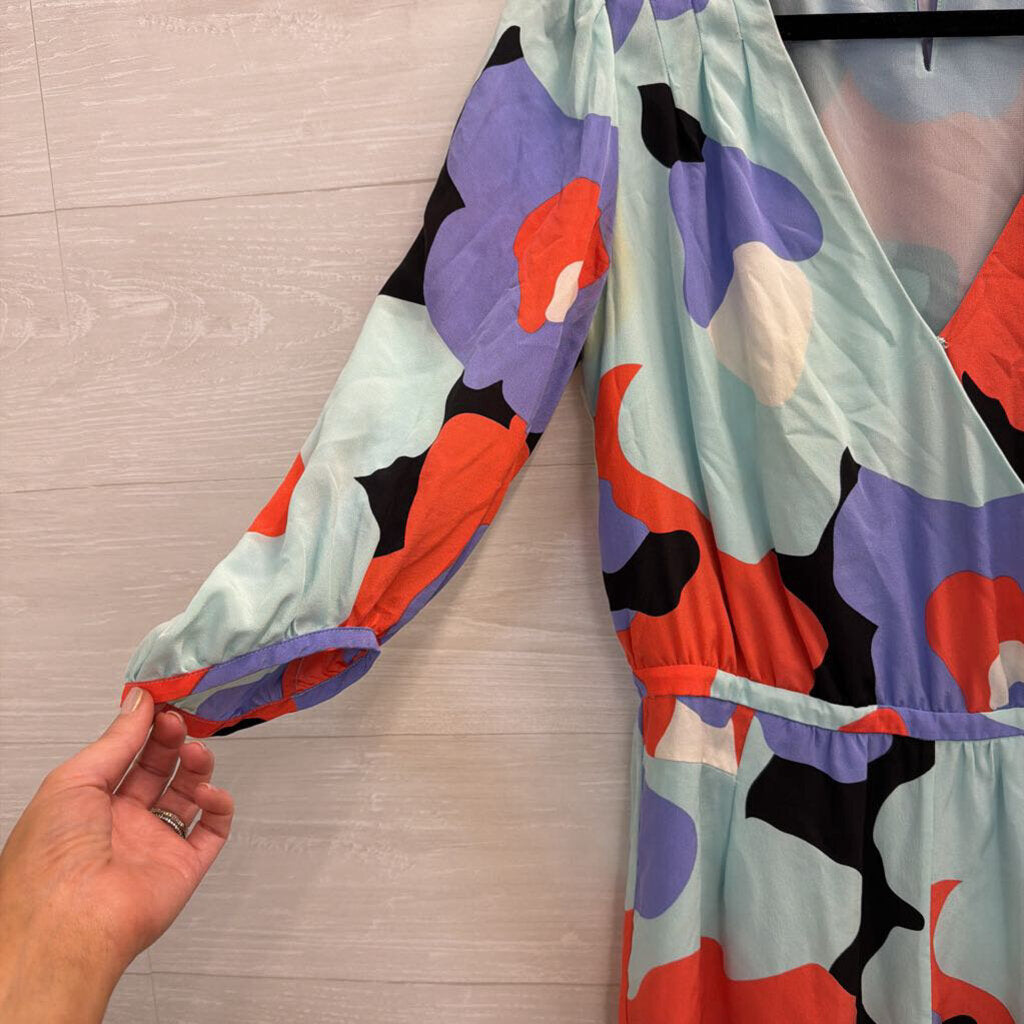 Annie Griffin Blue/ Multi Print Long Sleeve Romper Medium
