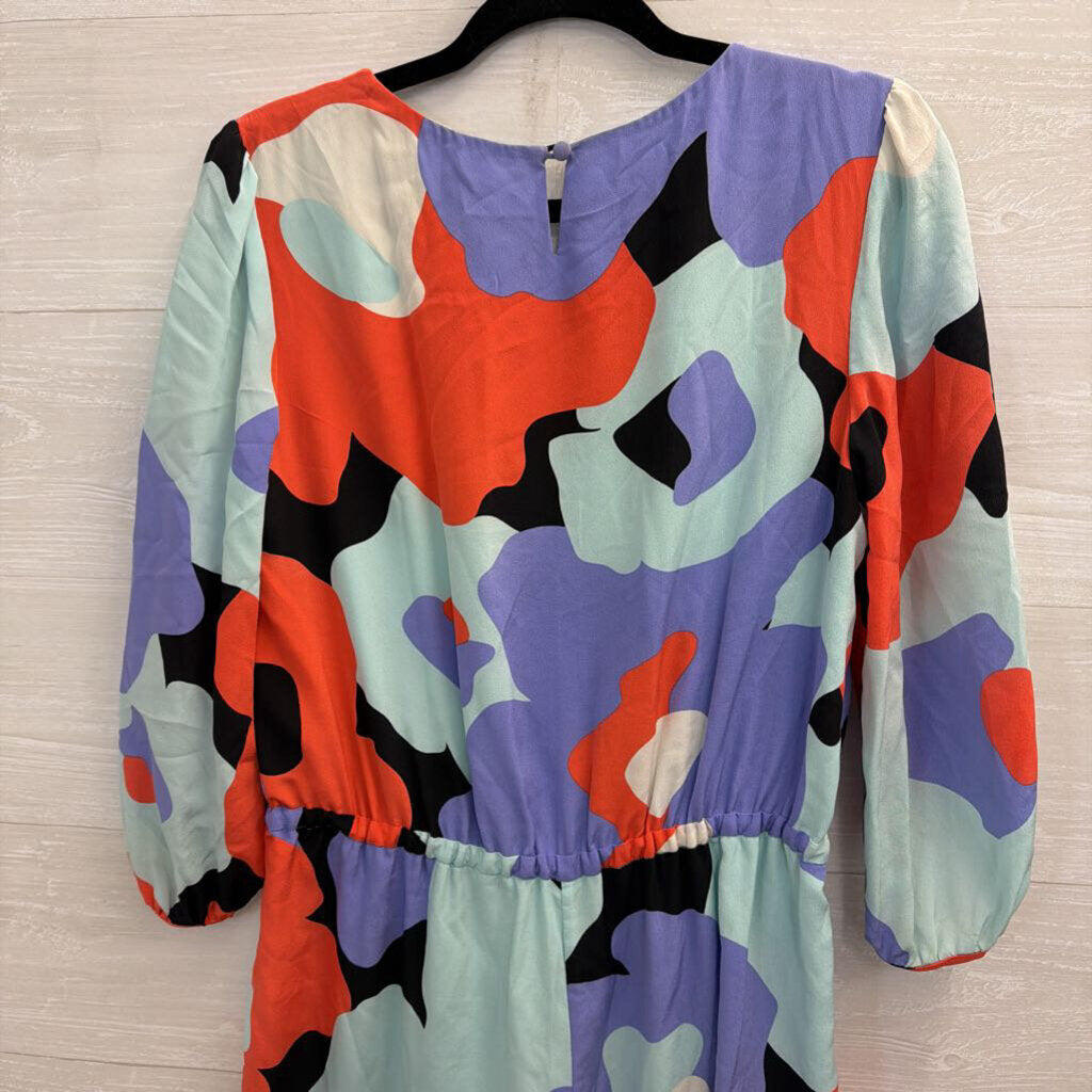 Annie Griffin Blue/ Multi Print Long Sleeve Romper Medium