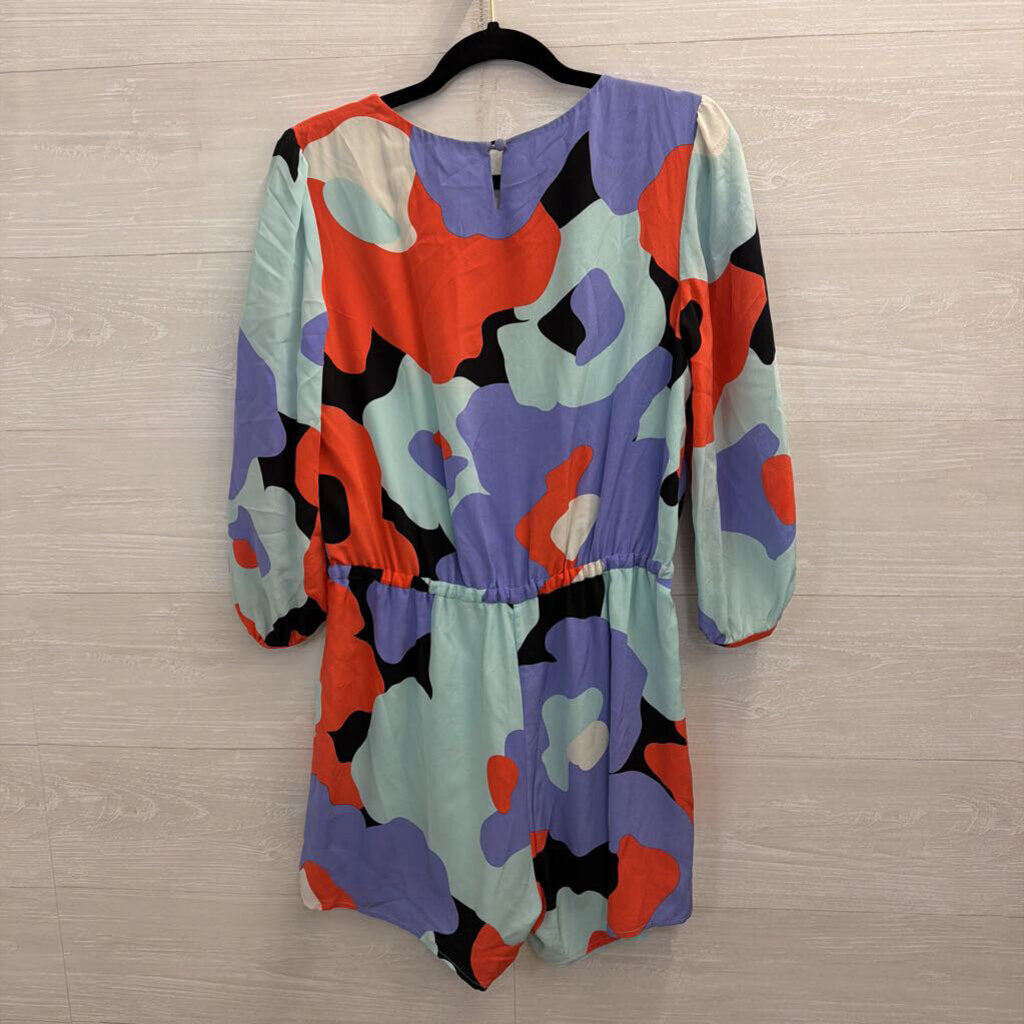 Annie Griffin Blue/ Multi Print Long Sleeve Romper Medium