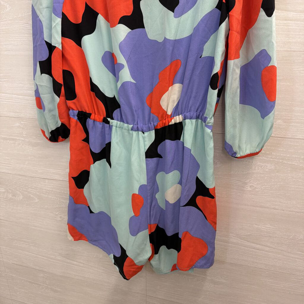Annie Griffin Blue/ Multi Print Long Sleeve Romper Medium