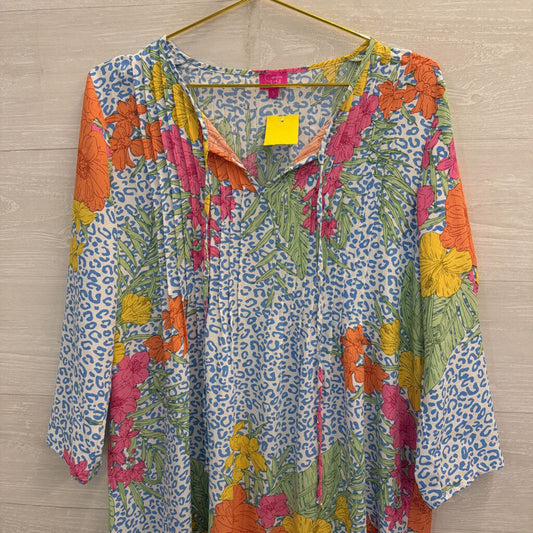 Caroline Hill White/ Blue Cheetah Print/ Tropical Flower Long Sleeve Dress Small