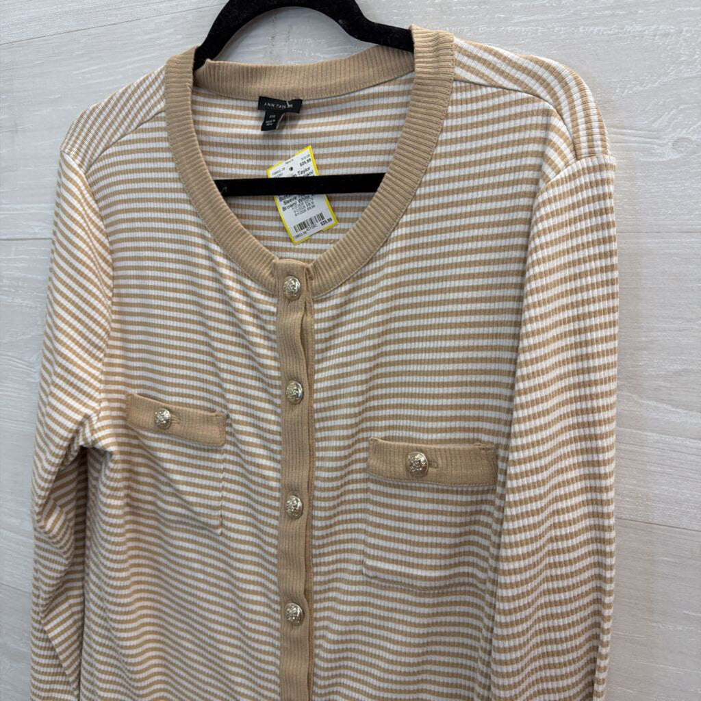 Ann Taylor Brown/ White Striped Gold Button Down Long Sleeve Top XXL