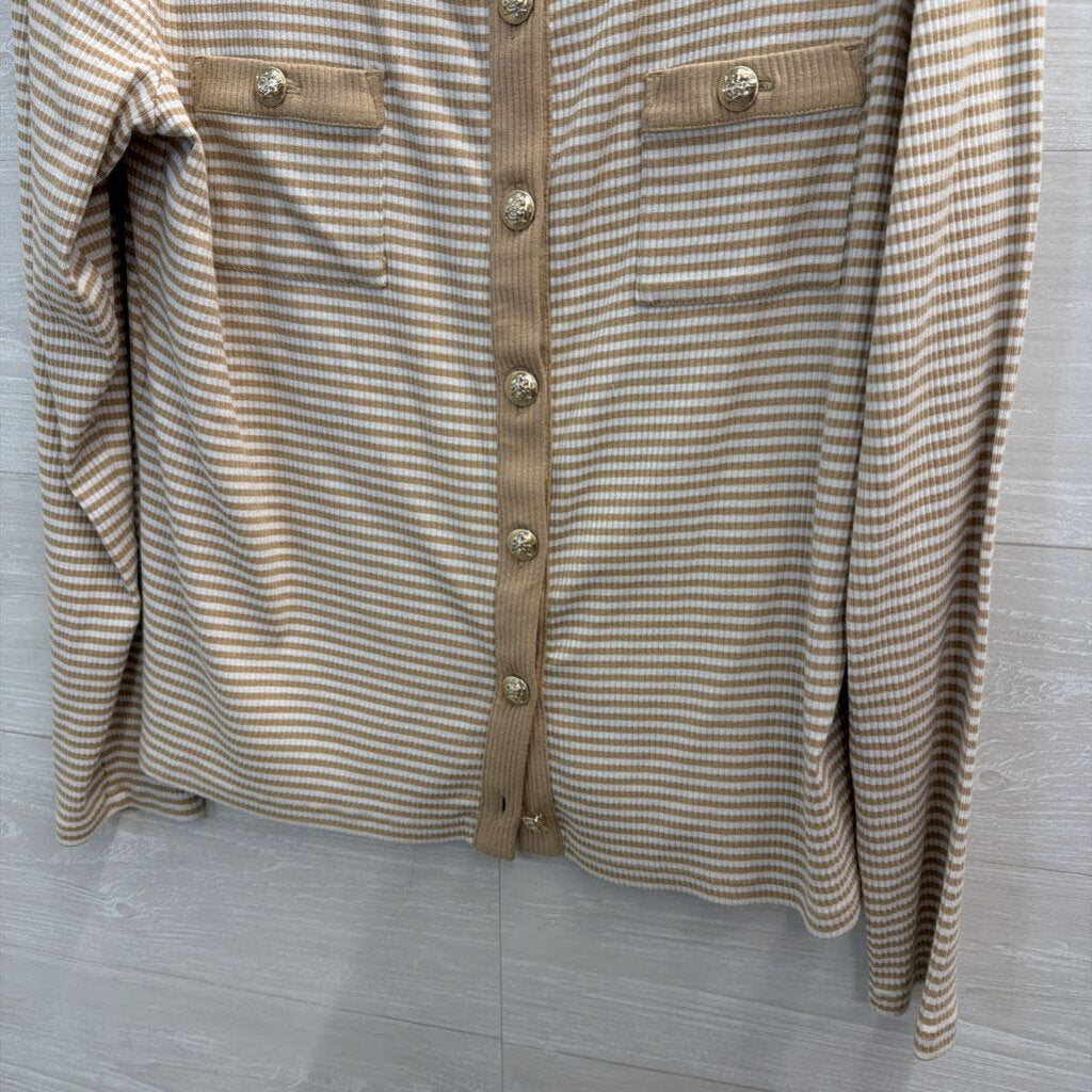 Ann Taylor Brown/ White Striped Gold Button Down Long Sleeve Top XXL